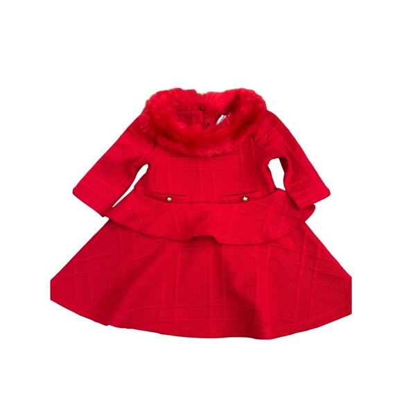 Janie and Jack Red Faux Fur Collar Jacquard Mini Dress Size 6-12 M - Picture 4 of 7